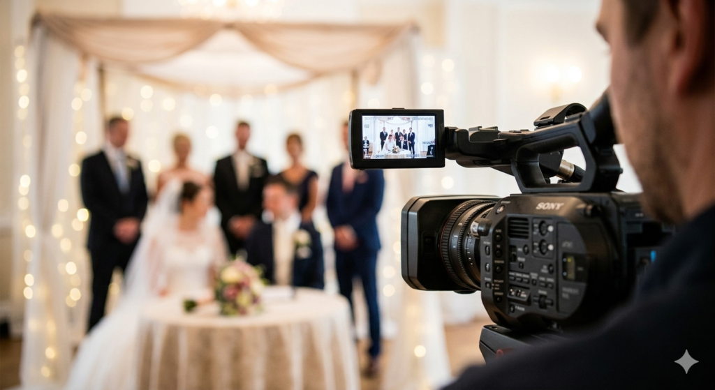 Un cameraman inquadrato di spalle e munito di telecamera professionale inquadra gli sposi a un matrimonio